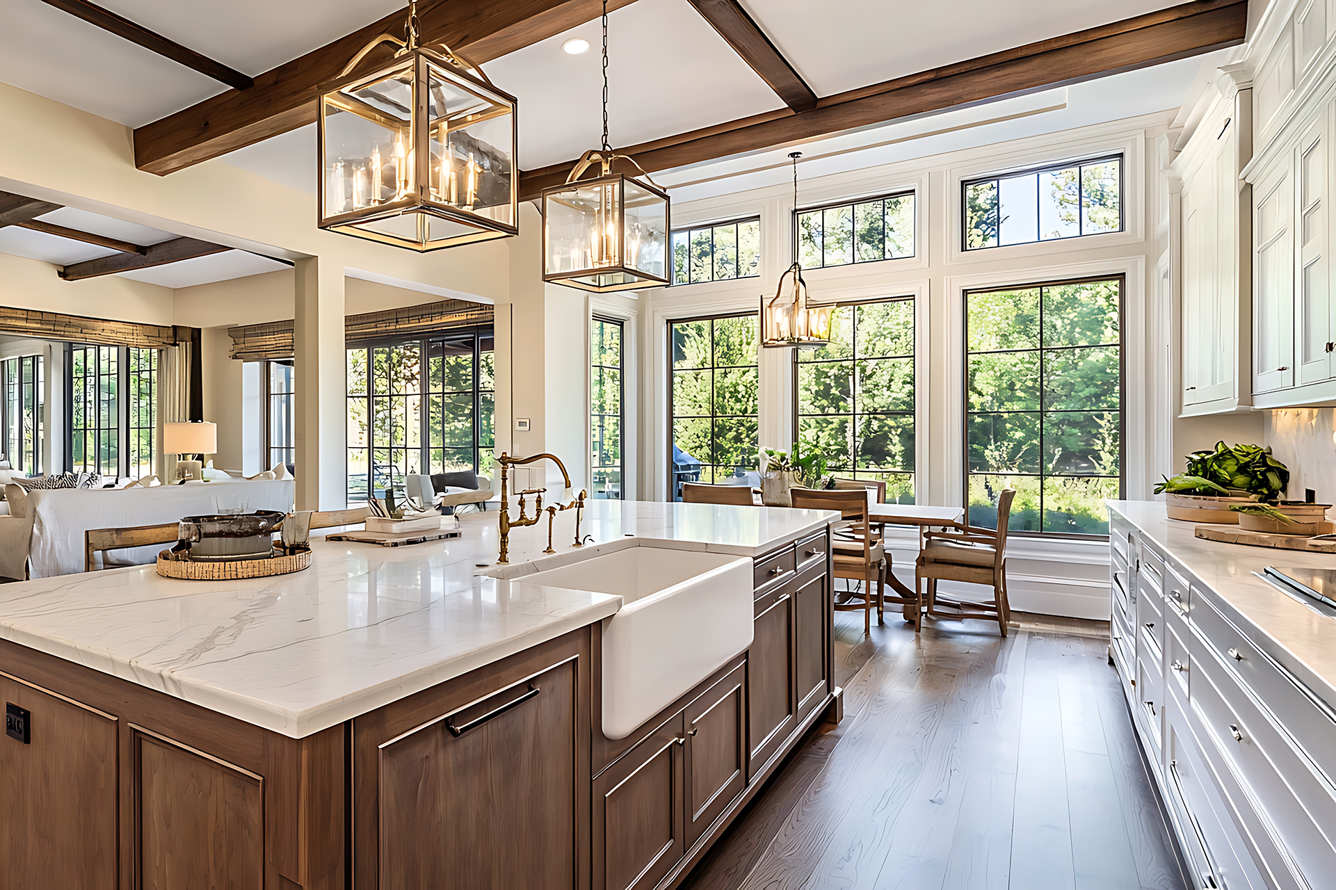 Big bright windows, nolan square pendant lighting over the island. Custom Framed Cabinets in a chestnut brown with copper accents on the pendant lighting and faucent as well as cabinet hardware. The Kitchen has white upper and lower cabinets on the perimeter of this L-shaped kitchen