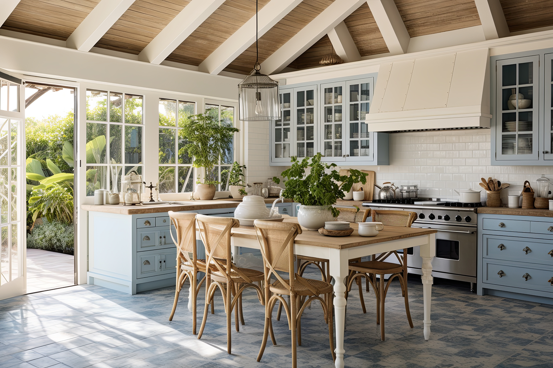 This traditional French country farmhouse kitchen is bright and spacious, incorporating vintage furniture, pastel blue cabinets and butcherblock countertops combine with traditional white subway tile backsplash