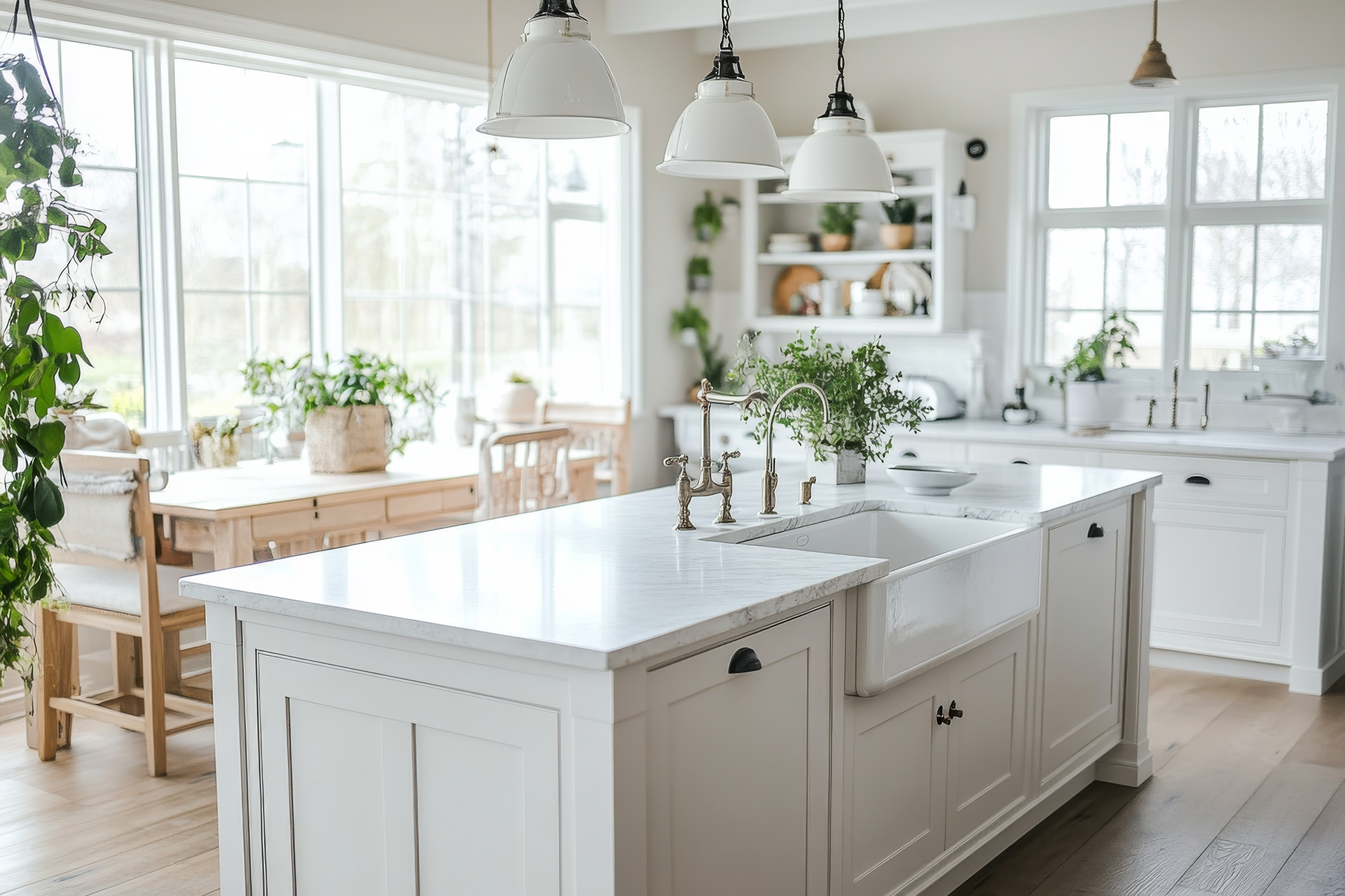 Large windows create a bright and spacious feeling kitchen, the white open face cabinets and white framed cabinetry offer a clean modern look paired with an apron sink, metal facet and white marble countertops. The wood table and wooden chairs bring natural tones into the space, paired with green plants on almost every surface.