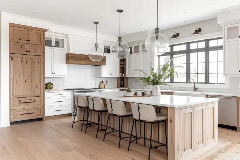 This L-shaped kitchen is light and airy due to the mix of white and oak cabinets, topped with a white marble countertop on the island with the modern and elegant orb pendent lights that overhand the island.