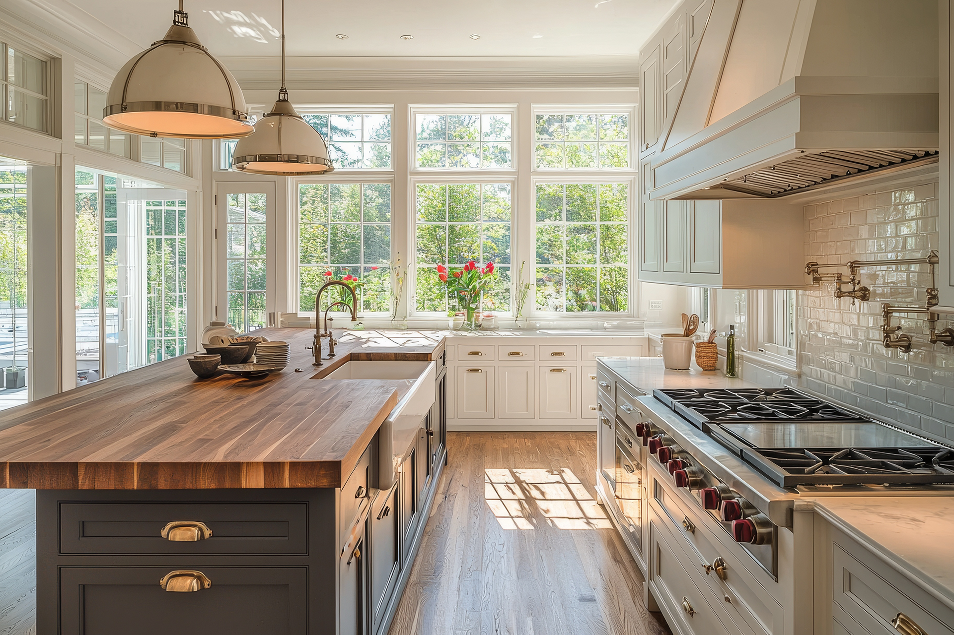 Big windows open this kitchen up and offer bright natural lighting. The islands cabinetry is dramatic dark Green and topped with a butcherblock countertop, while the adjacent cabinets are white with White marble counter tops, white undulated subway tiles create the back splash resulting in a clean bright kitchen accented by the dramatic island.