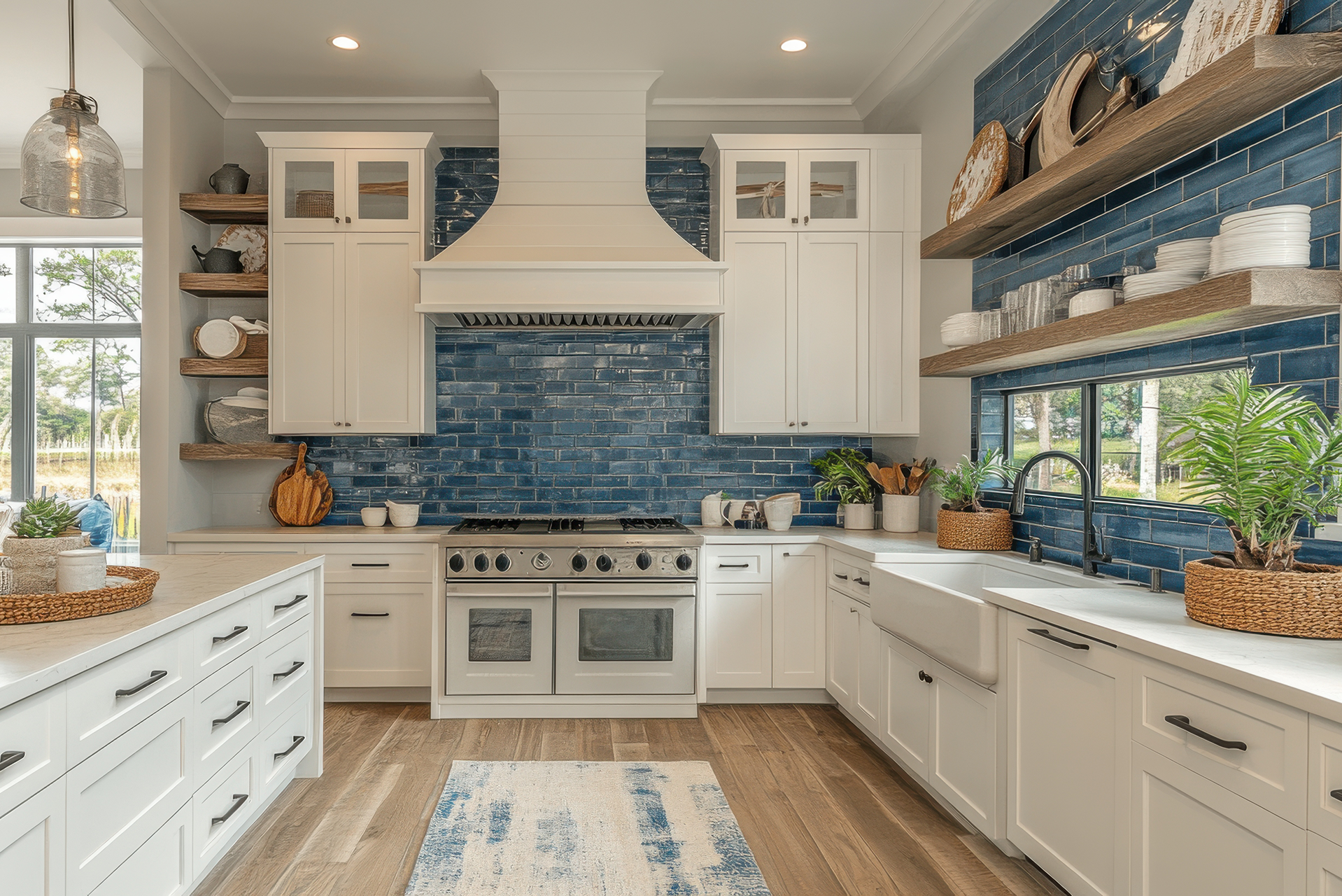 hardwood flooring, white cabinets and white countertops are contrasted by a blue subway tile backsplash throughout the farmhouse kitchen