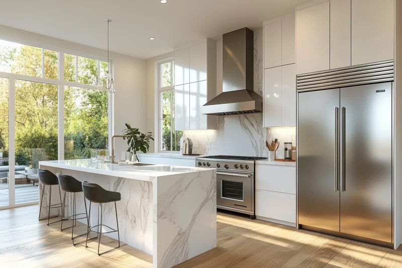 modern kitchen with stone waterfall countertop and open concept clean lines