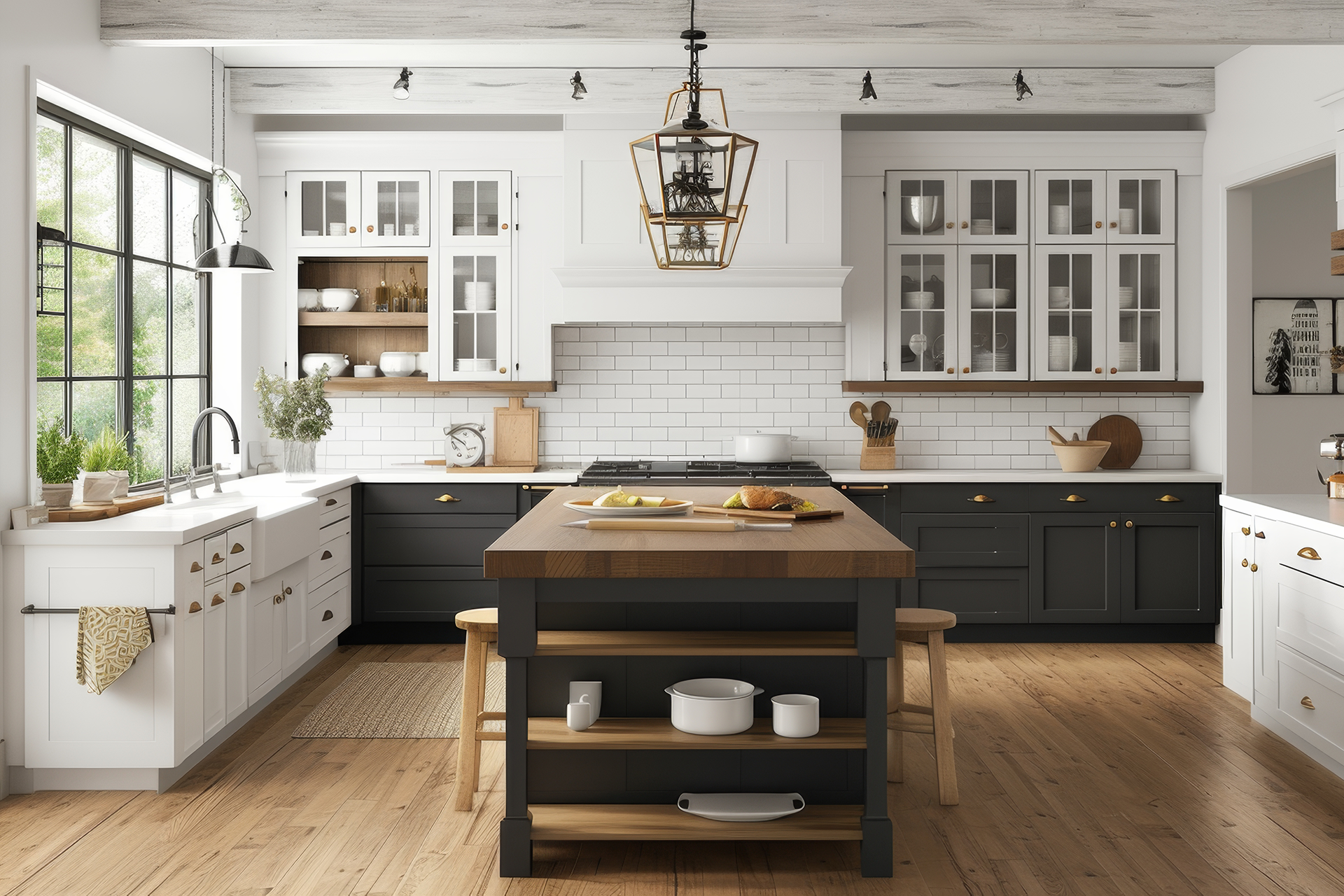 This u-shaped kitchen is bright due to the light coloured cabinets on either side of the island, but the charcoal lower back cabinets and island cabinets create a grounded dramatic space without sacrificing the bright and alluring nature of this farmhouse kitchen design