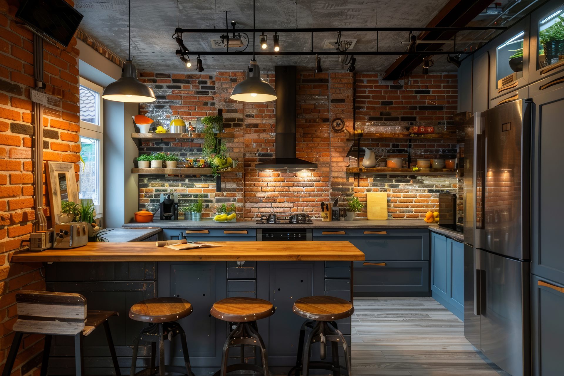 Smaller windows gives a dramatic look to this kitchen walled by exposed brick, vintage pendant lighting hangs over teh peninsula of this G-shapped kitchen. Exposed electrical casing and cement ceiling. The lower blue cabinets and butcherlock countertops paired with wood and steel bar stools and wooden shelves in place of upper cabinets with exposed supports