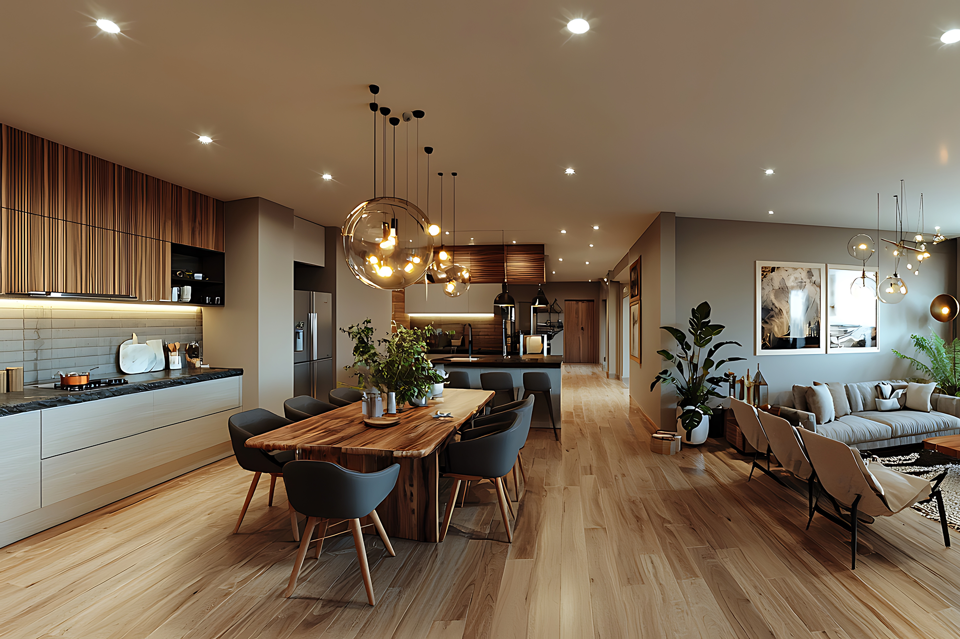 pendant lighting over kitchen table and l shaped modern kitchen sleek lines with lots of greenery